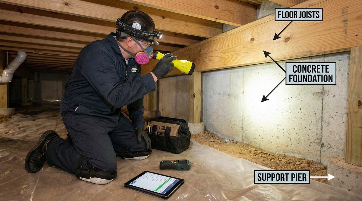Home inspector examining crawl space with flashlight