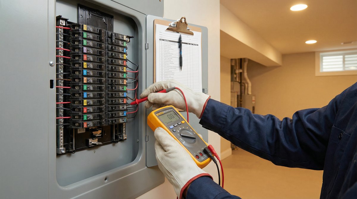 Inspector testing electrical panel with multimeter