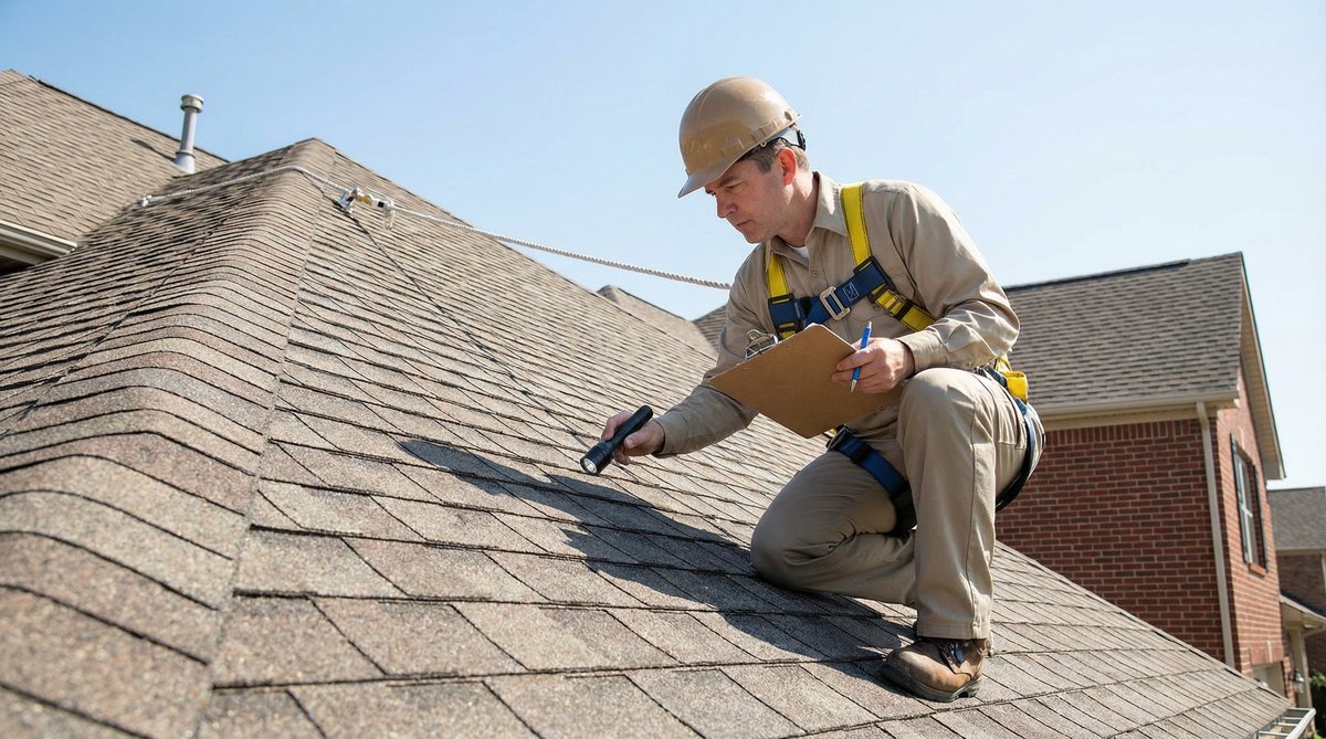Inspector examining roof shingles and flashing